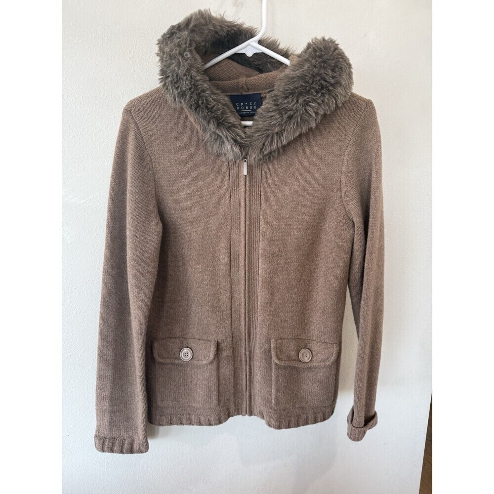 Liz Claiborne Crazy Horse Cardigan Womens Small Brown Lambs Wool Hoodie Full Zip - Picture 1 of 3